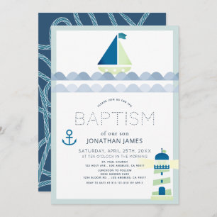 Nautical Sailboat & Lighthouse Blue Boy Baptisme Kaart