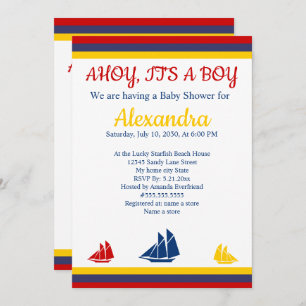 Nautical Sailboat Navy Blue Yellow Red Baby shower Aankondiging