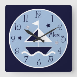 Nautical Sailboat & Stars Cute Baby Clock Kind Vierkante Klok