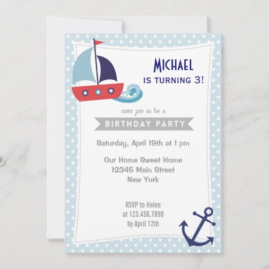Nautical Sailboot Boy Birthday Uitnodiging Blauw (Voorkant)