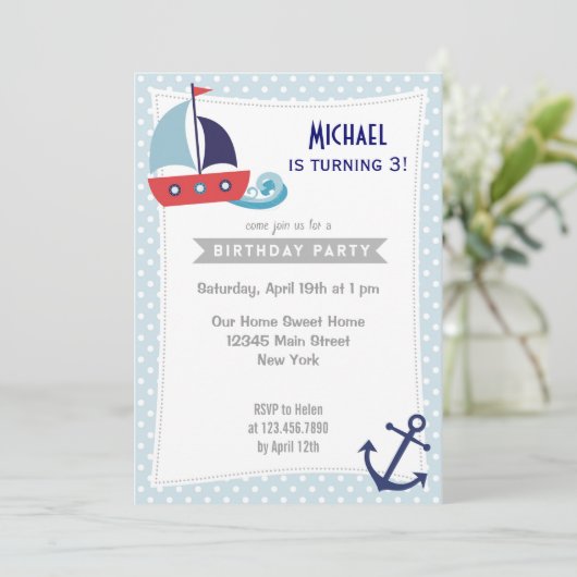 Nautical Sailboot Boy Birthday Uitnodiging Blauw (Staand voorkant)