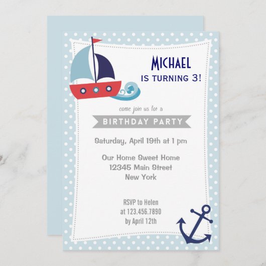 Nautical Sailboot Boy Birthday Uitnodiging Blauw (Voorkant / Achterkant)