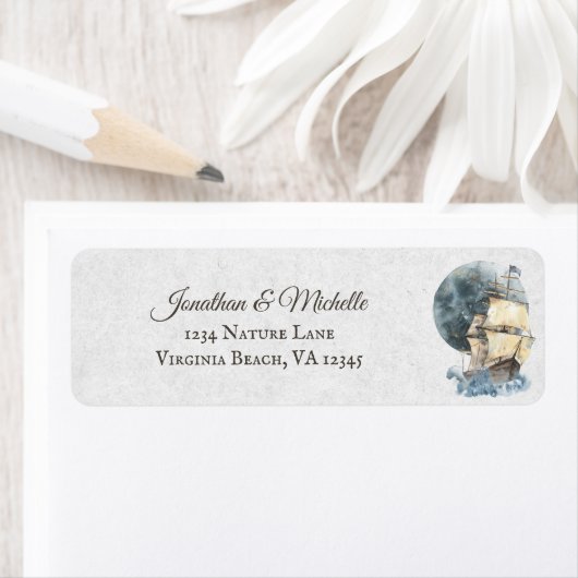 Nautical Sailing Ship and Full Moon Address Etiket (Insitu)