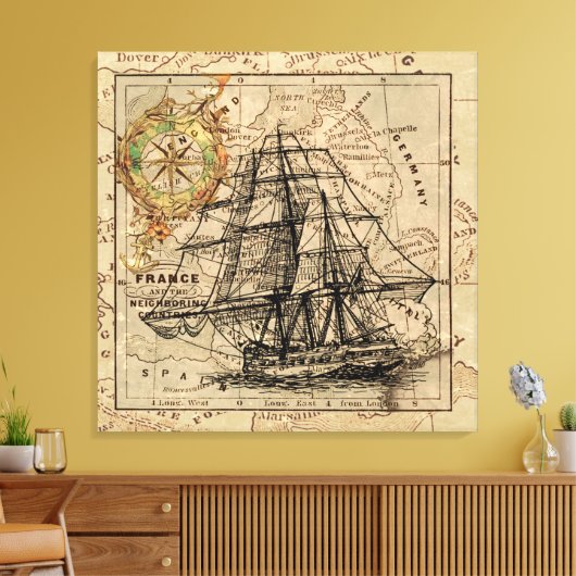 Nautical Sailing Ship Navigation Map Canvas Afdruk (Insitu (Woonkamer))