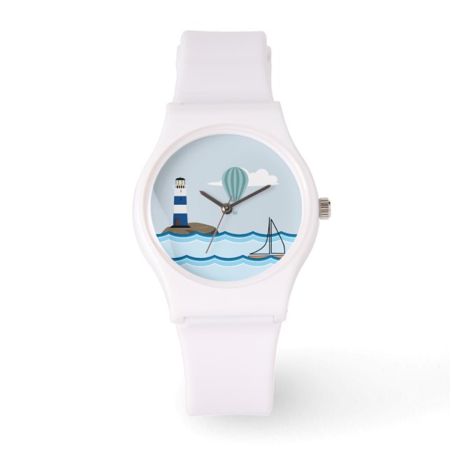 Nautical Scene met vuurtoren en zeilboot Horloge (Voorkant)