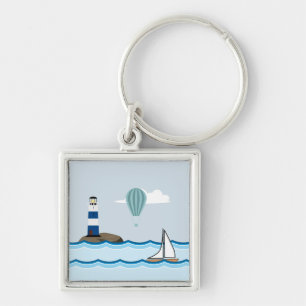 Nautical Scene met vuurtoren en zeilboot Sleutelhanger