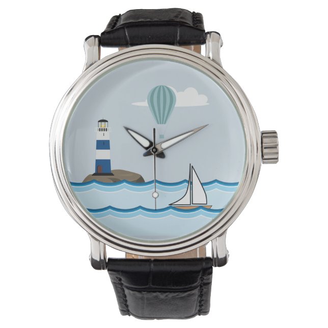 Nautical Scene with Lighthouse and Sailboat Horloge (Voorkant)