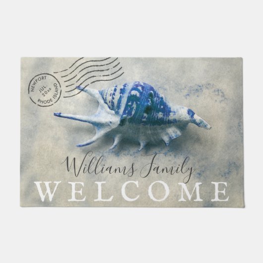 Nautical Seashell Blue Monogramed Name Welcome Deurmat (Voorkant)