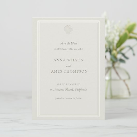 Nautical Seashell Classic ECRU formele bruiloft Save The Date (Staand voorkant)
