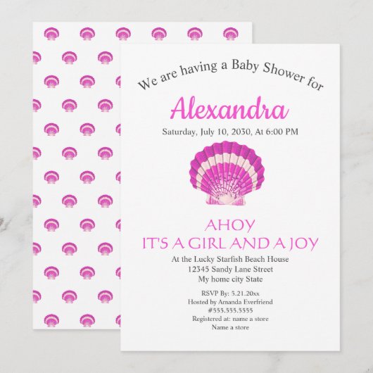 Nautical Seashell Rose Girl Baby shower invitation (Devant / Derrière)