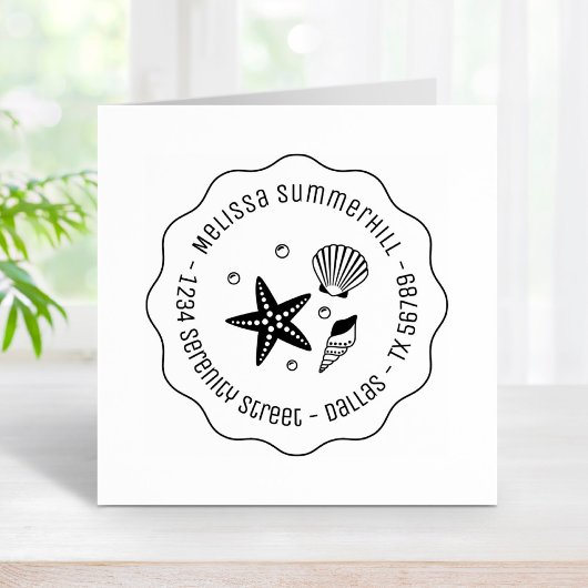 Nautical Seashell Starfish Pearls Wavy Adres Rubberstempel