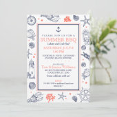 Nautical Seaside Beach Navy Blue/Coral Invitation Kaart (Staand voorkant)