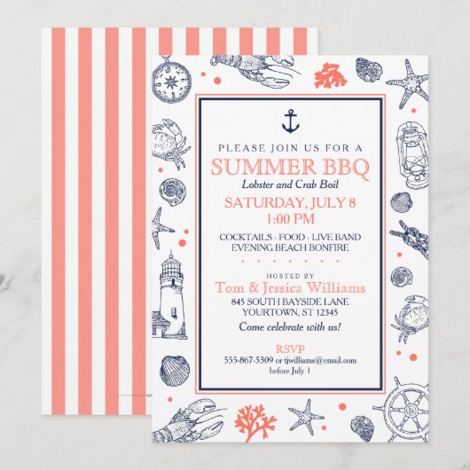 Nautical Seaside Beach Navy Blue/Coral Invitation Kaart (Voorkant / Achterkant)