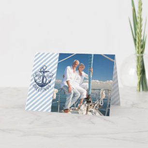 Nautical SEAson's Greetings, Navy Anchor & Stripes Feestdagen Kaart