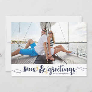 Nautical SEAsons Greetings   Navy Gold Anchors Feestdagenkaart