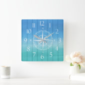 Nautical Ship Compass Blue Wood Textuur Vierkante Klok (Huis)