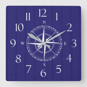 Nautical Ship Compass Navy Blue White Wood Vierkante Klok