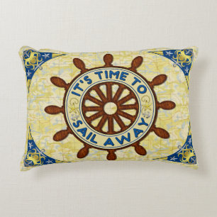 Nautical Ship Helm Wood Wheel Old Map Sail Away Accent Kussen