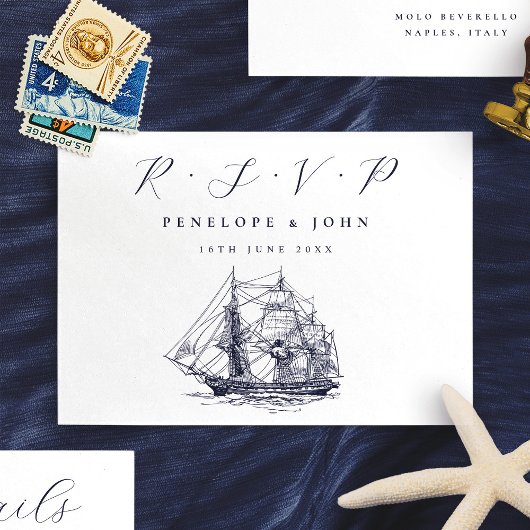 Nautical Ship Illustration Destination Wedding RSVP Kaartje