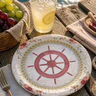 Nautical Ship Wheel & Floral Roseate Papieren Bordje