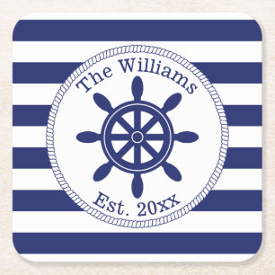 Nautical Ship Wheel Navy Blue Stripes Familienaam Vierkante Kartonnen Onderzetter