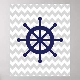 Nautical Ship Wheel (zeemacht en grijze Chevron) Poster