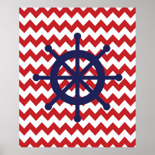 Nautical Ship Wheel (zeemacht en rode Chevron) Poster