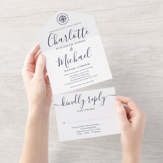 Nautical Ships Compass Navy Blue Script Wedding Al All In One Uitnodiging (Afscheurbaar)