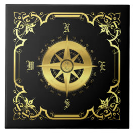 Nautical ship's compass silhouette/gold/black tegeltje