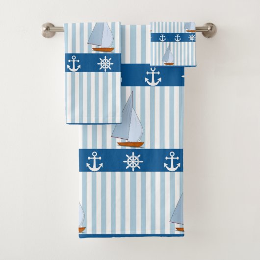 Nautical Ships Wheel Anchor Blue White Stripes Bad Handdoek (Insitu)
