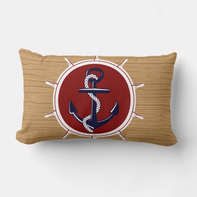 Nautical Ships Wheels Anchor on Wood Grain Kussen (Voorkant)