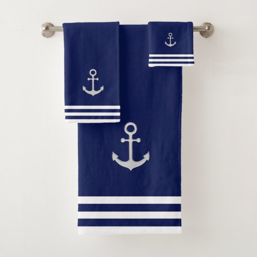 Nautical Silver Anchor & Stripes on Navy Blue Bad Handdoek (Insitu)