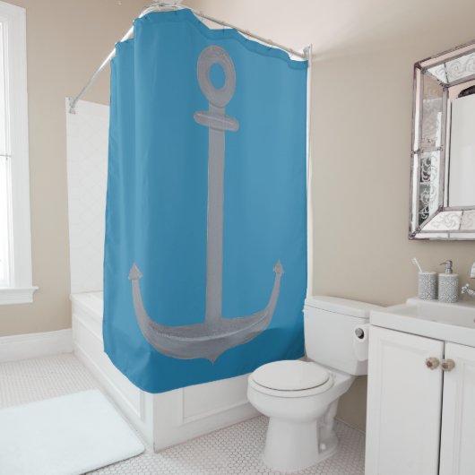 Nautical Silver Grey Anchor op Blue Shower Curtain Douchegordijn (In situ)