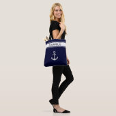 Nautical Silver Grey anchor & text on marine blue Draagtas (Op model)