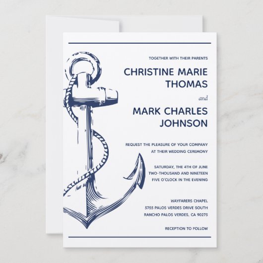 Nautical Sketch Anchor Wedding Invitation Kaart (Voorkant)