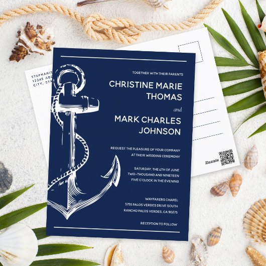 Nautical Sketch Anchor Wedding Navy Briefkaart
