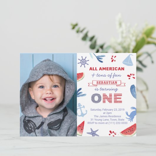 Nautical / Strand Rood Wit Blauw 1e Verjaardag Fot Kaart (Staand voorkant)