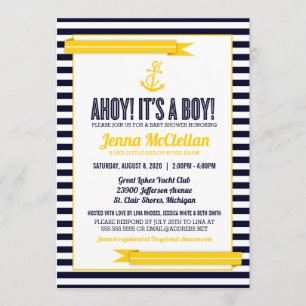 Nautical Stripe Anchor Yellow & Navy Baby shower Kaart