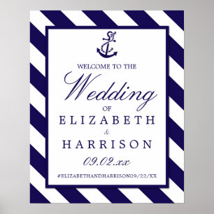 Nautical Stripe & Navy Blue Anker Bruiloft Welkom Poster