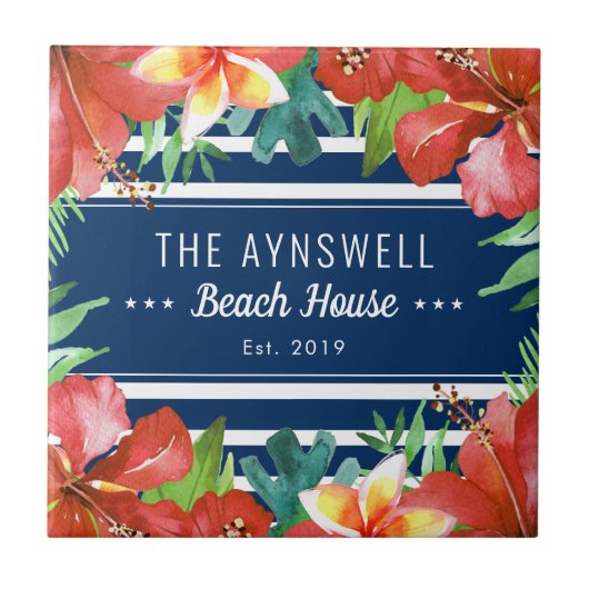 Nautical Stripe Tropical Floral Beach House Tegeltje (Voorkant)