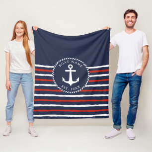 Nautical Striped Navy Blue White Anchor Fleece Deken