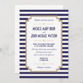 Nautical Striped Navy Blue White Wedding Invite Kaart (Voorkant / Achterkant)