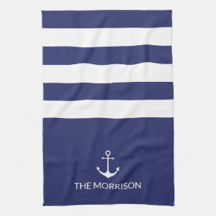 Nautical Stripes Boat Name white anchor navy blue Theedoek