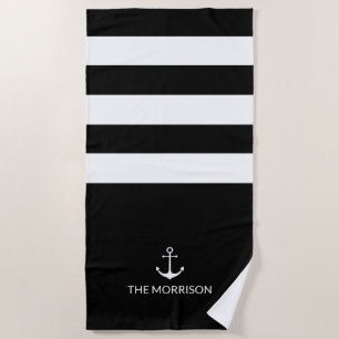 Nautical Stripes Bootnaam wit anker zwart Strandlaken