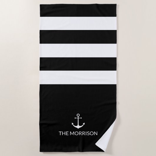 Nautical Stripes Bootnaam wit anker zwart Strandlaken (Voorkant)
