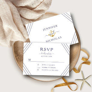 Nautical Stripes Gold Anchor Wedding RSVP Kaartje