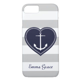 Nautical Stripes Heart en Anchor Monogram Navy iPhone 8/7 Hoesje