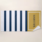 Nautical Stripes Navy and Gold Custom Name Strandlaken (Voorkant)