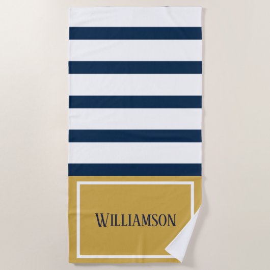 Nautical Stripes Navy and Gold Custom Name Strandlaken (Voorkant)