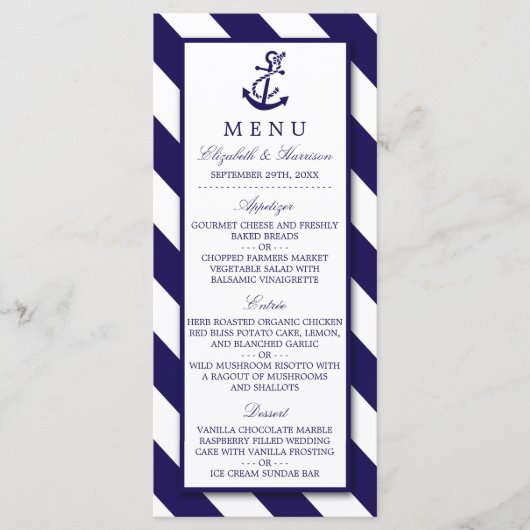 Nautical Stripes & Navy Blue Anchor Wedding Menu (Voorkant)
